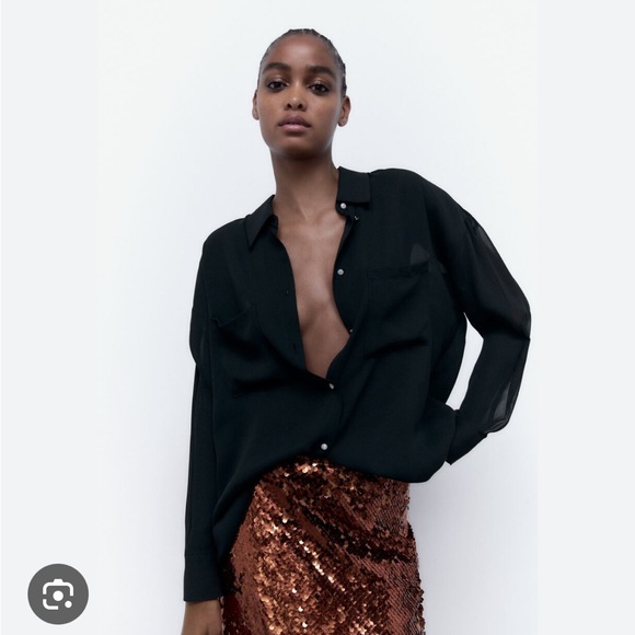 Zara black button down top with rhinestone buttons - Picture 1 of 7